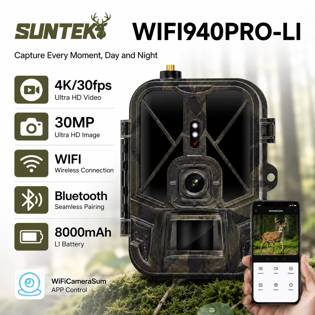 Live Stream Trail Camera 4K Video 30MP WiFi APP No 4G Network Hunting Cameras With 8000mAh Li-Battery Night Vision WiFi940PROLI